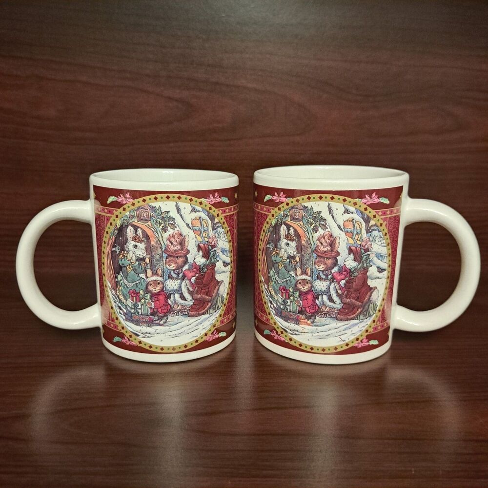 Giftco Victorian Christmas Mugs Cups Rabbit theme set of 2 Holiday Season